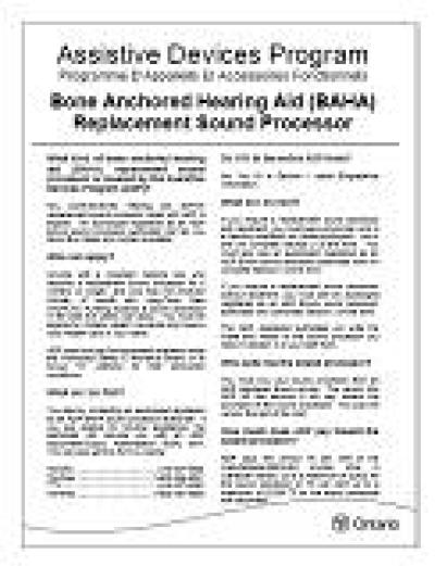 Image of the cover of publication titled  Assistive Devices Program: Bone Anchored Hearing Aid (BAHA) - Replacement Sound Processor