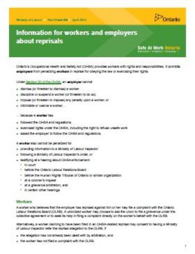 Image of the cover of publication titled  Information for workers and employers about reprisals; April 2012