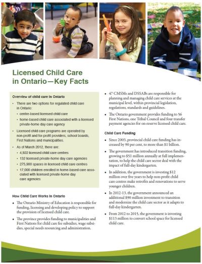 Image of the cover of publication titled  Licensed Child Care in Ontario - Key Facts/Faits essentiels