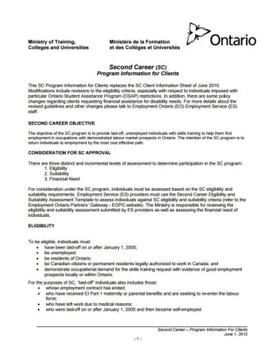 Second Career (SC) Program Information f – Publications Ontario