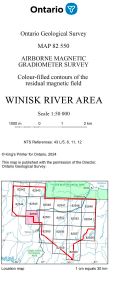 Image of the cover of publication titled     Airborne magnetic gradiometer survey, colour-filled contours of the residual magnetic field, Winisk River area (Map 82 555)