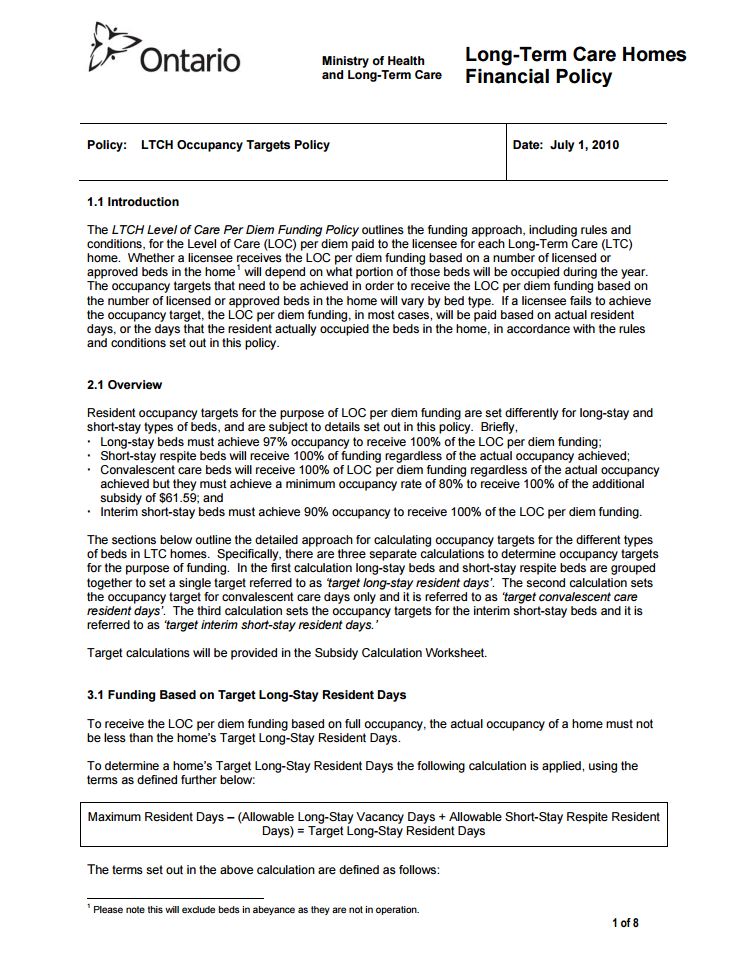 Policy: LTCH Occupancy Targets Policy Ju – Publications Ontario