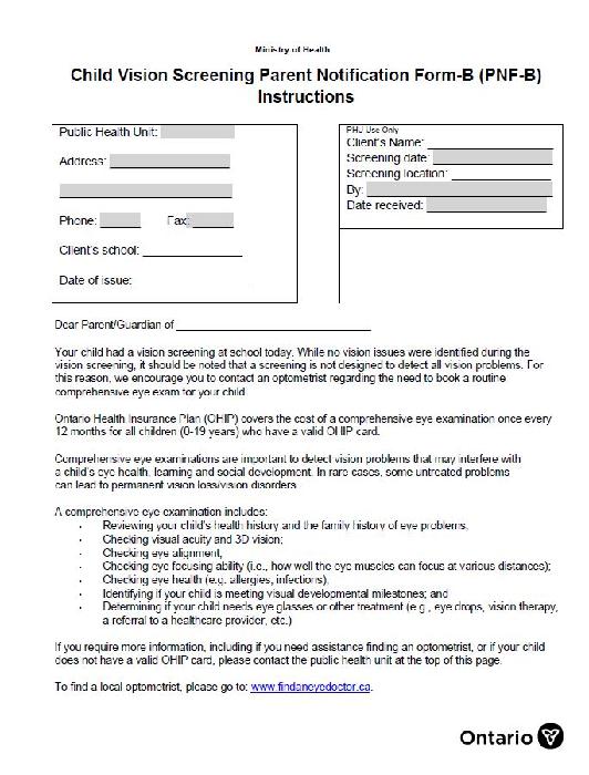 Child Vision Screening Parent Notification Form-B (PNF-B) Instructions ...